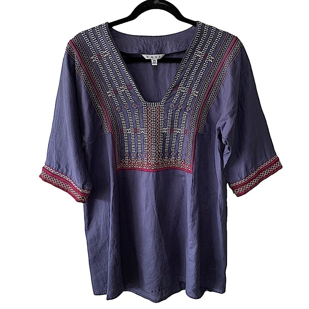 𝅺CABI Dark Blue Linen Embroidered Top Size XS Style #996